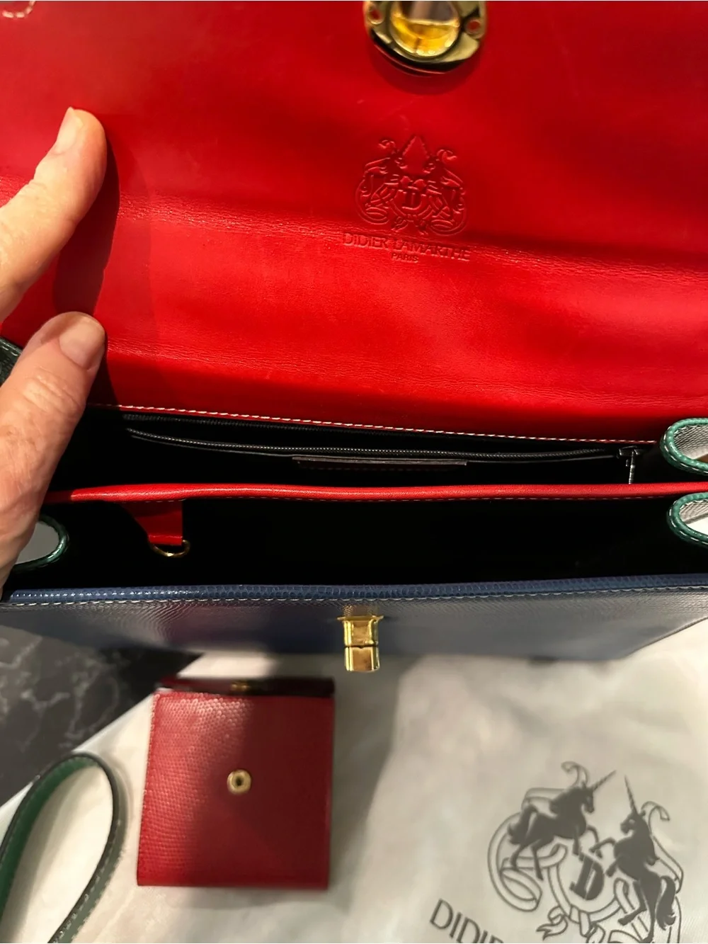 Didier Lamarthe Vintage Structured Leather Satchel in Red, Blue & Green